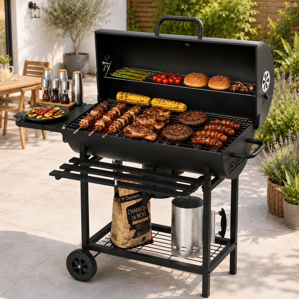 Holzkohlegrill mit Deckel und verstellbarer Belüftung für Garten mit Rädern