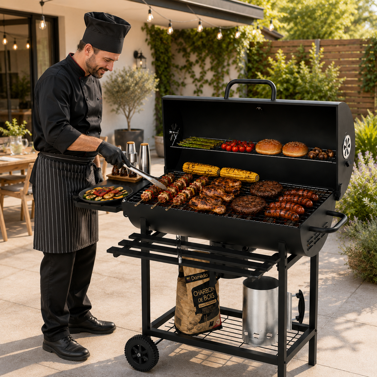 Holzkohlegrill mit Deckel und verstellbarer Belüftung für Garten mit Rädern