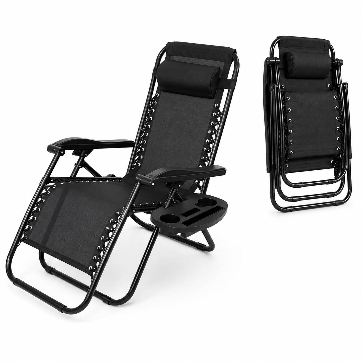 Chaise longue pliable plage grise avec porte-gobelet