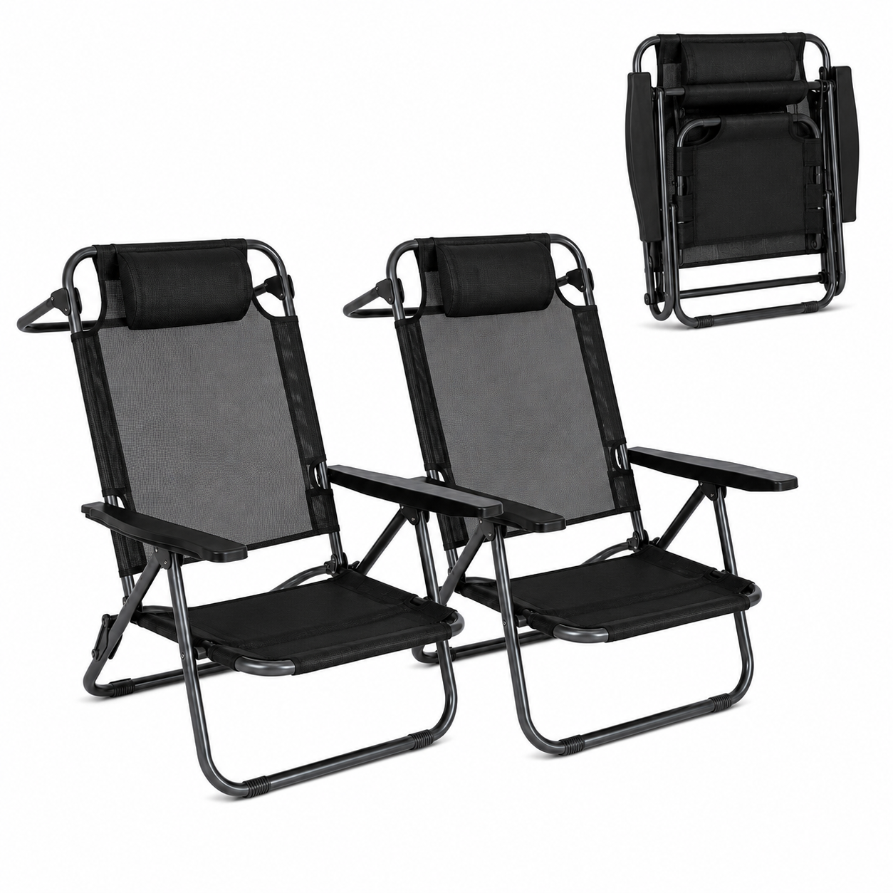 Chaise pliante basse pour plage et camping avec appuie-tête rembourré