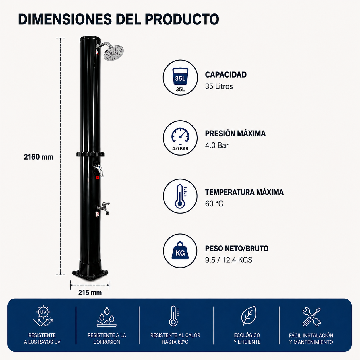 Ducha Solar Exterior 35L Jardín y Piscina con Mezclador y Grifo Lavapiés