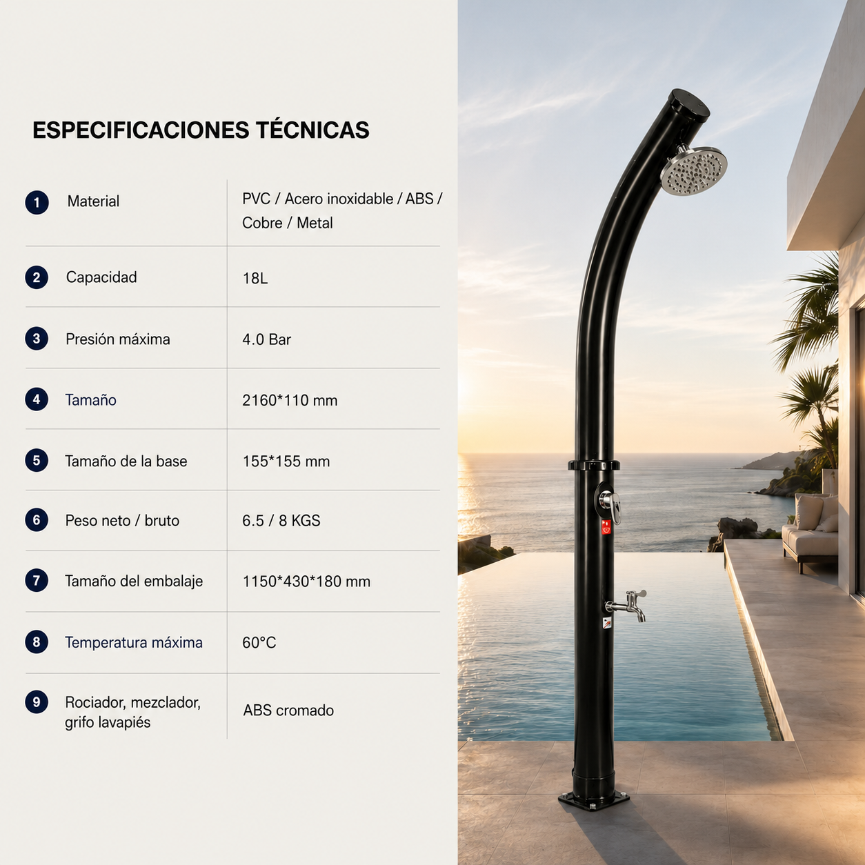 Ducha Solar Exterior 18L Jardín y Piscina con Mezclador y Grifo Lavapiés