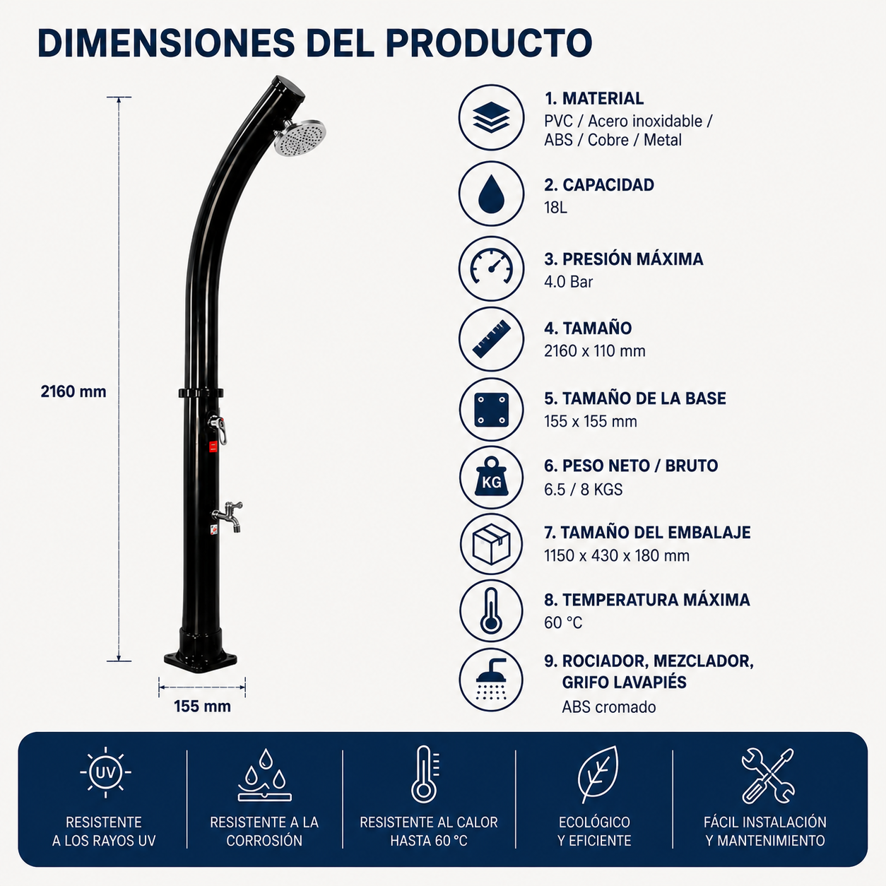 Ducha Solar Exterior 18L Jardín y Piscina con Mezclador y Grifo Lavapiés