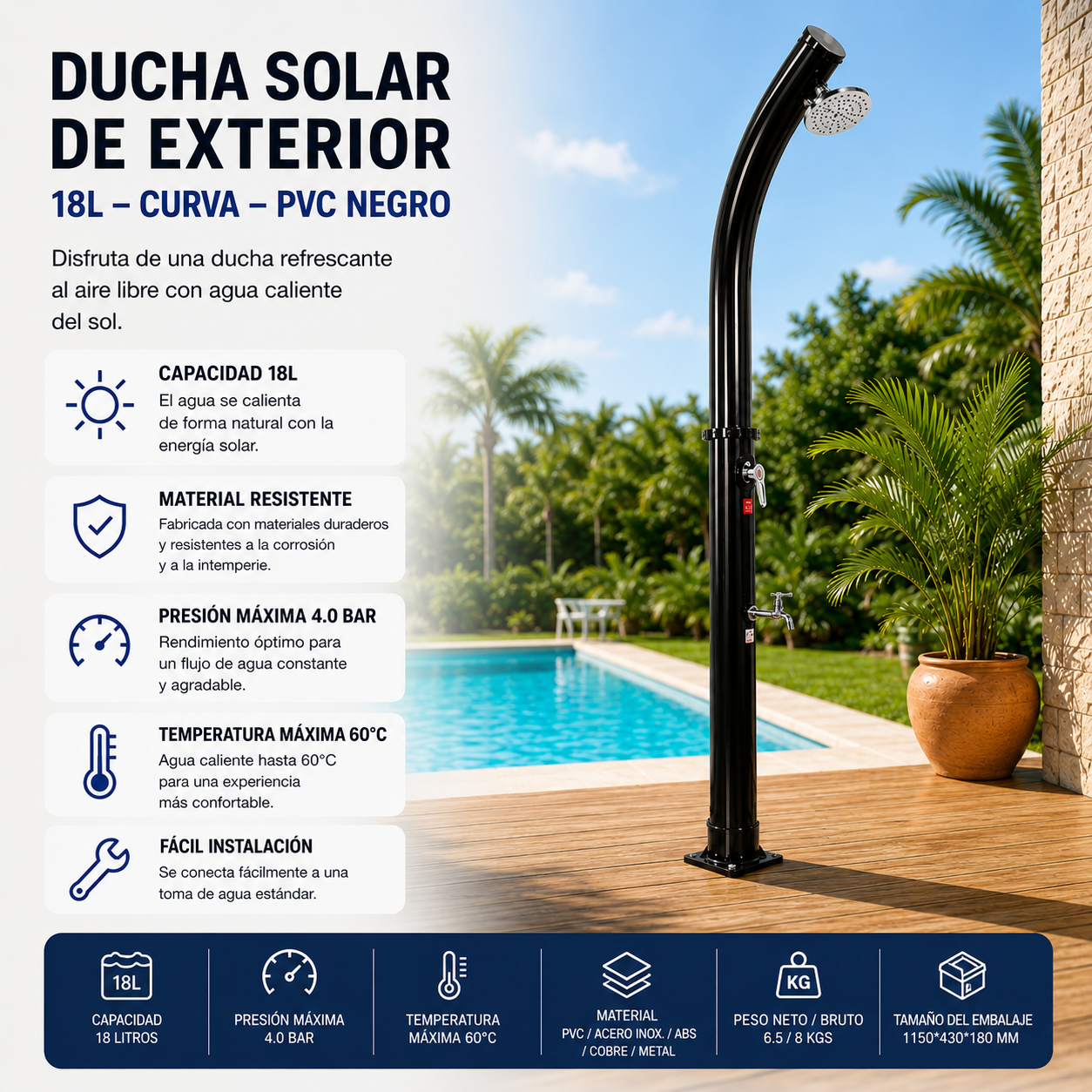 Ducha Solar Exterior 18L Jardín y Piscina con Mezclador y Grifo Lavapiés