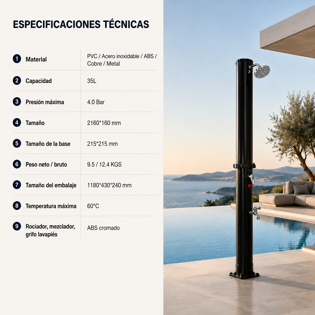 Ducha Solar Exterior 35L Jardín y Piscina con Mezclador y Grifo Lavapiés