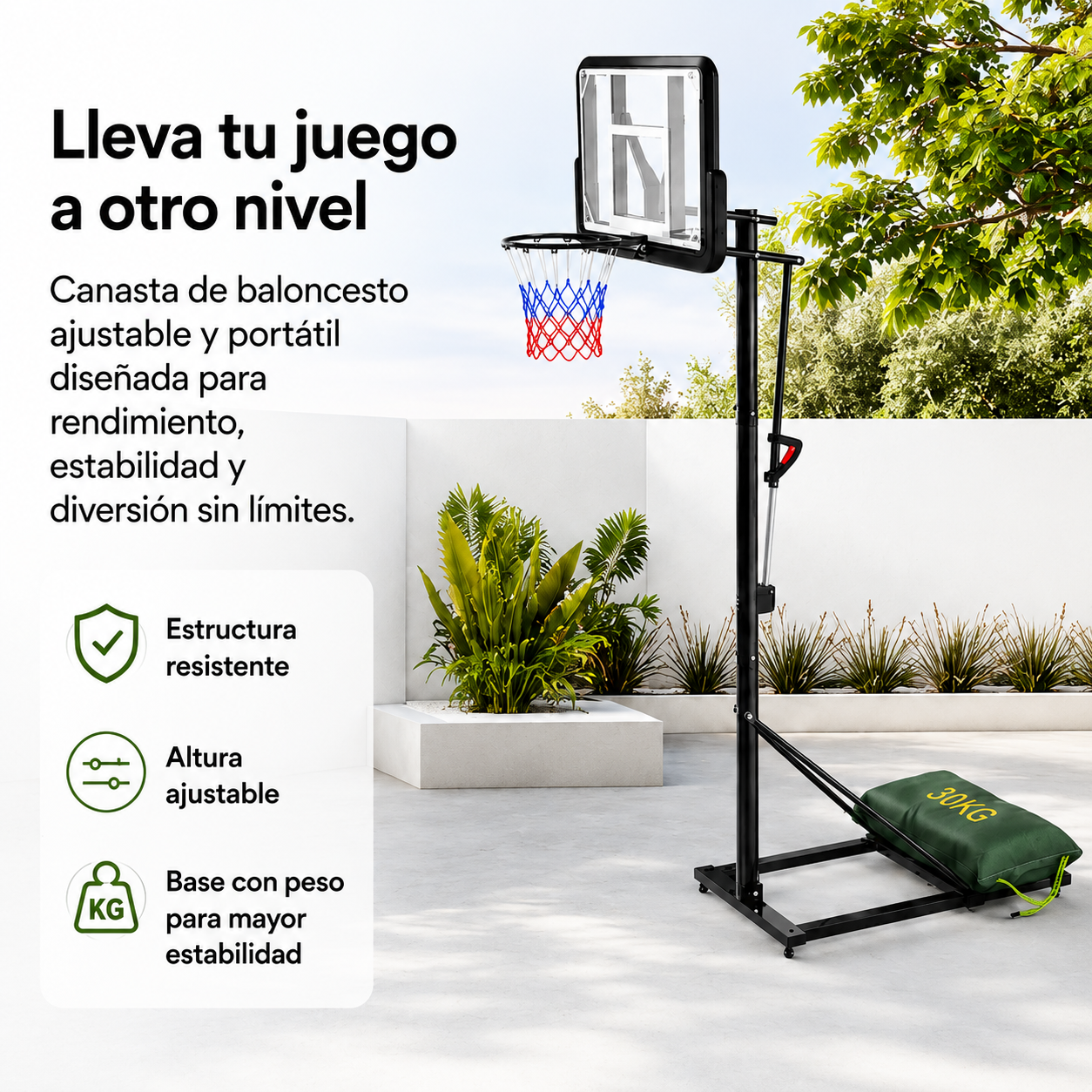 Canasta de Baloncesto Portátil con Altura Regulable 2,45-3,05 m — Tablero Transparente, Aro Reforzado y Base con Bolsa de Lastre 30 kg para Exterior