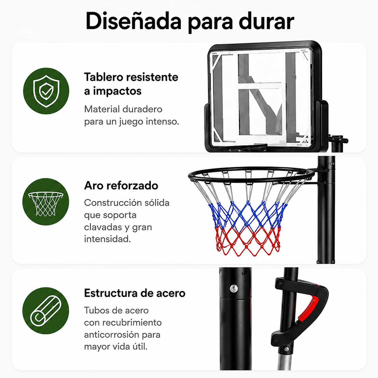 Canasta de Baloncesto Portátil con Altura Regulable 2,45-3,05 m — Tablero Transparente, Aro Reforzado y Base con Bolsa de Lastre 30 kg para Exterior