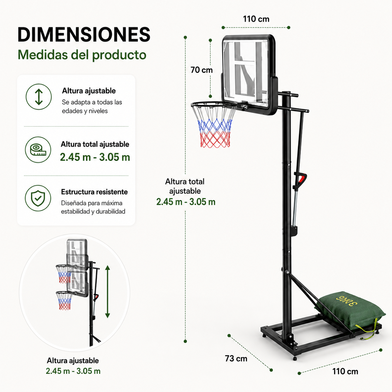 Canasta de Baloncesto Portátil con Altura Regulable 2,45-3,05 m — Tablero Transparente, Aro Reforzado y Base con Bolsa de Lastre 30 kg para Exterior