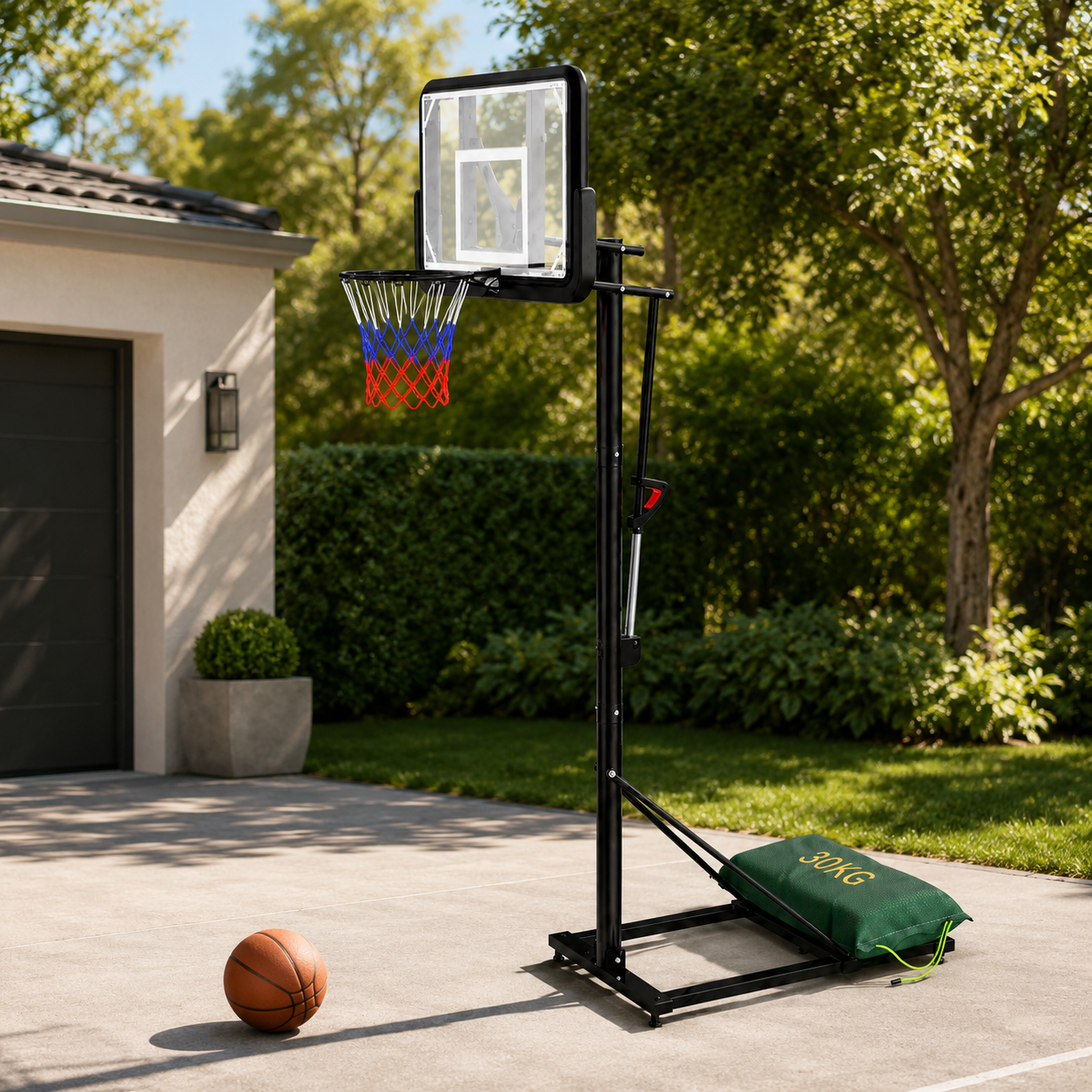 Canasta de Baloncesto Portátil con Altura Regulable 2,45-3,05 m — Tablero Transparente, Aro Reforzado y Base con Bolsa de Lastre 30 kg para Exterior