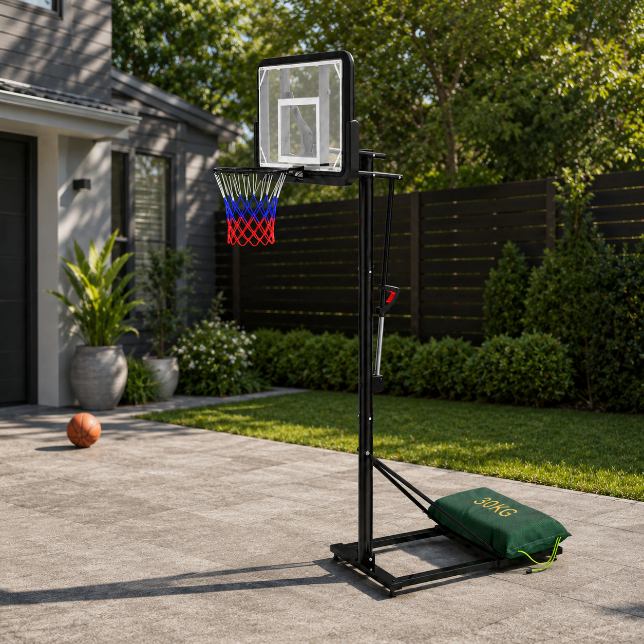 Canasta de Baloncesto Portátil con Altura Regulable 2,45-3,05 m — Tablero Transparente, Aro Reforzado y Base con Bolsa de Lastre 30 kg para Exterior