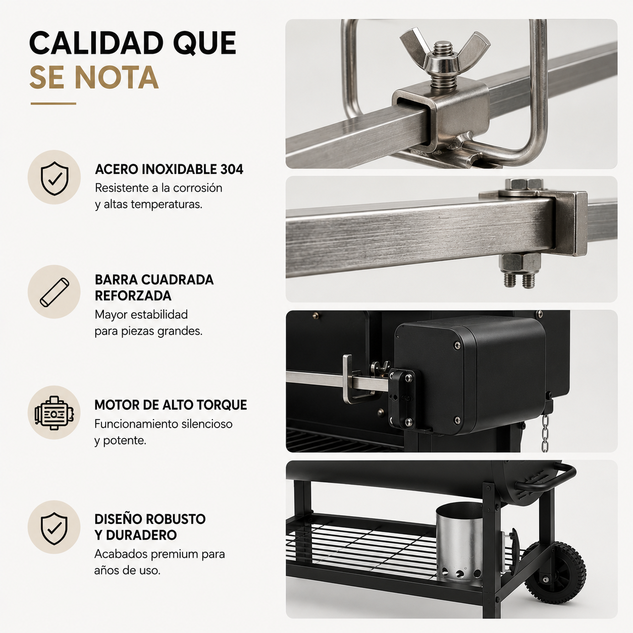 Pack Barbacoa de Carbón con Asador Motorizado 360° — Parrilla Grande con Motor de Alto Torque, Acero Inoxidable 304 y Accesorios Completos para Exterior