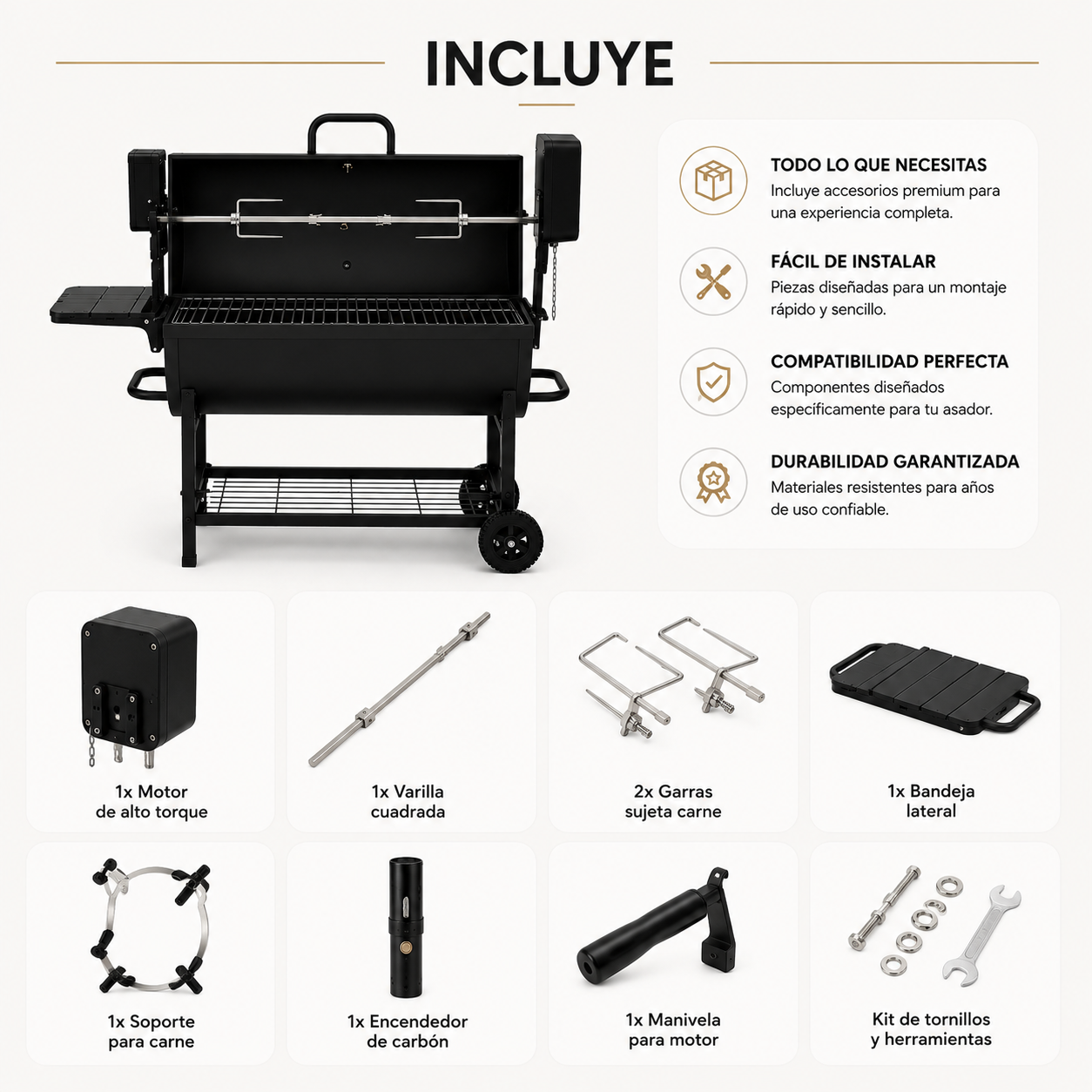 Pack Barbacoa de Carbón con Asador Motorizado 360° — Parrilla Grande con Motor de Alto Torque, Acero Inoxidable 304 y Accesorios Completos para Exterior