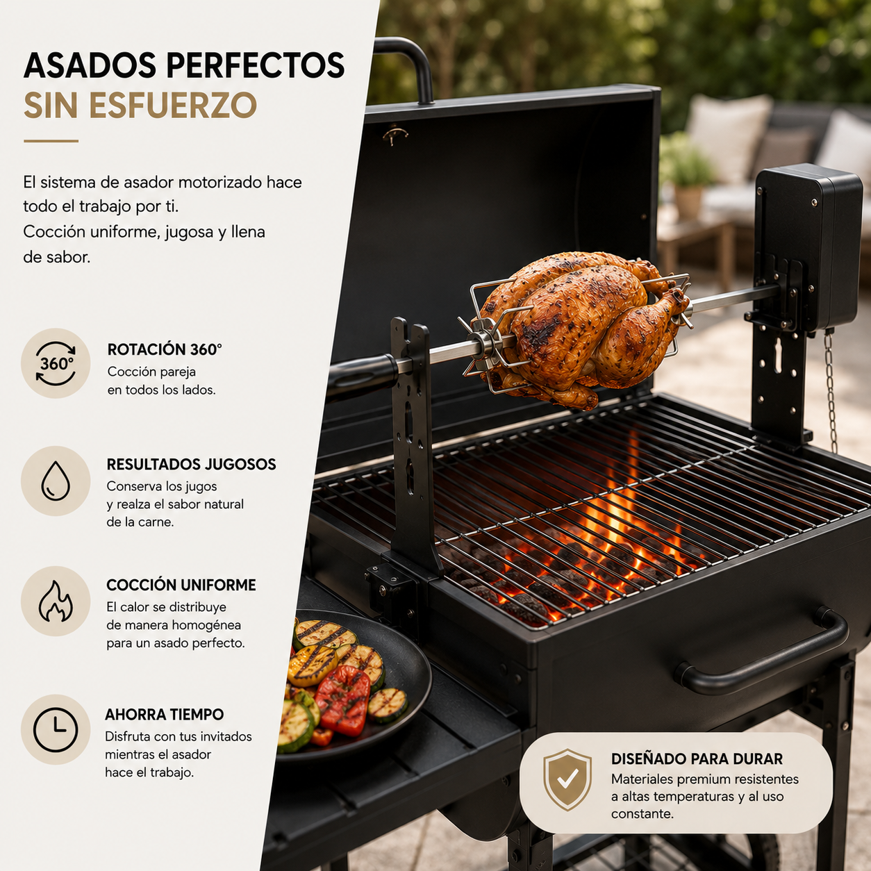 Pack Barbacoa de Carbón con Asador Motorizado 360° — Parrilla Grande con Motor de Alto Torque, Acero Inoxidable 304 y Accesorios Completos para Exterior