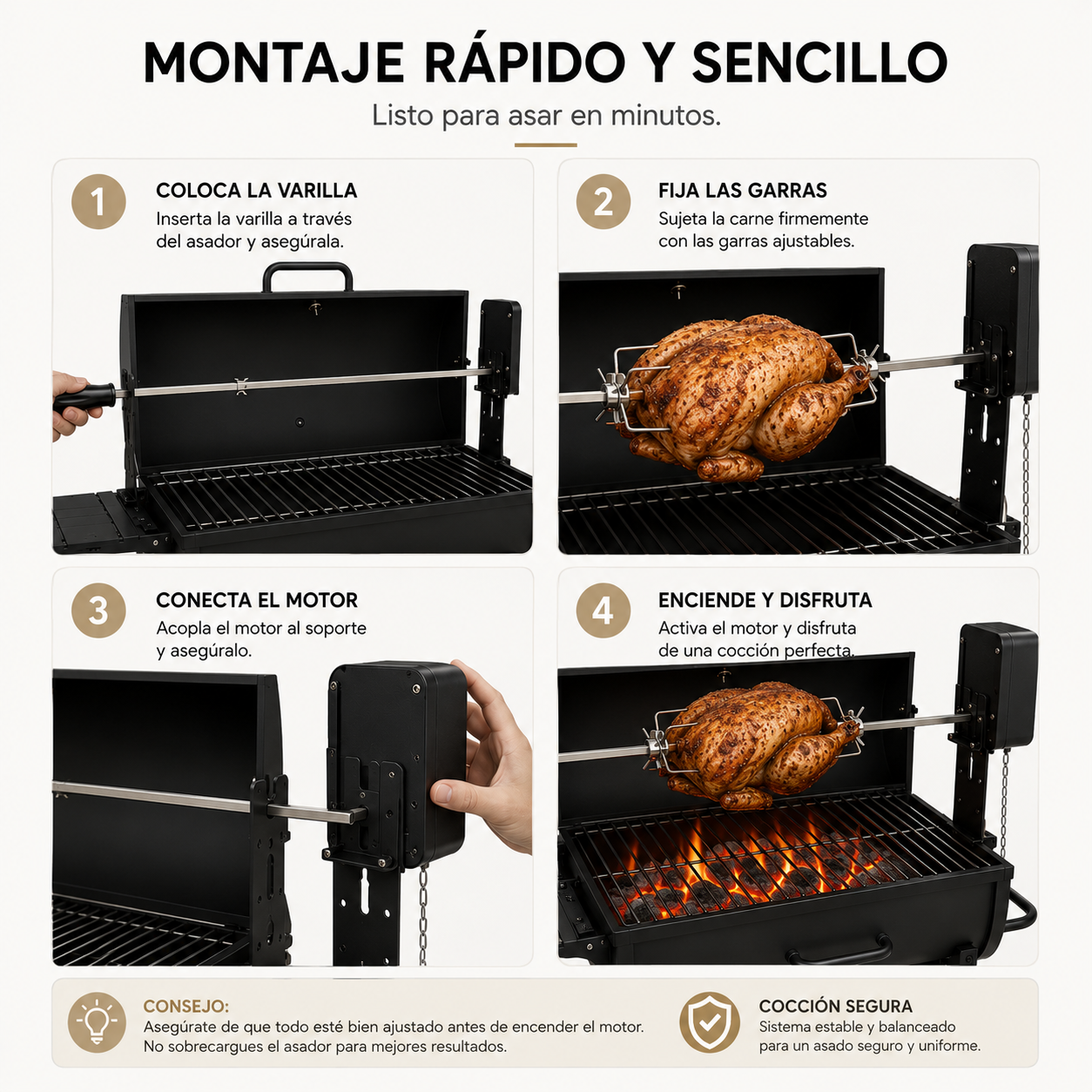 Pack Barbacoa de Carbón con Asador Motorizado 360° — Parrilla Grande con Motor de Alto Torque, Acero Inoxidable 304 y Accesorios Completos para Exterior