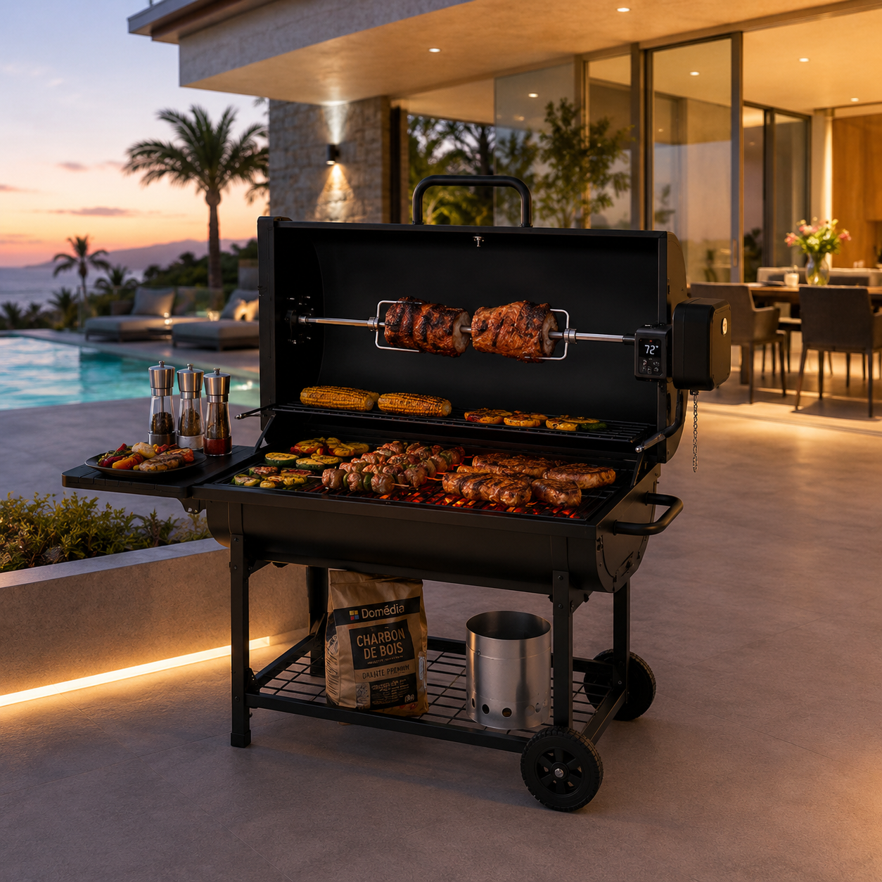 Pack Barbacoa de Carbón con Asador Motorizado 360° — Parrilla Grande con Motor de Alto Torque, Acero Inoxidable 304 y Accesorios Completos para Exterior