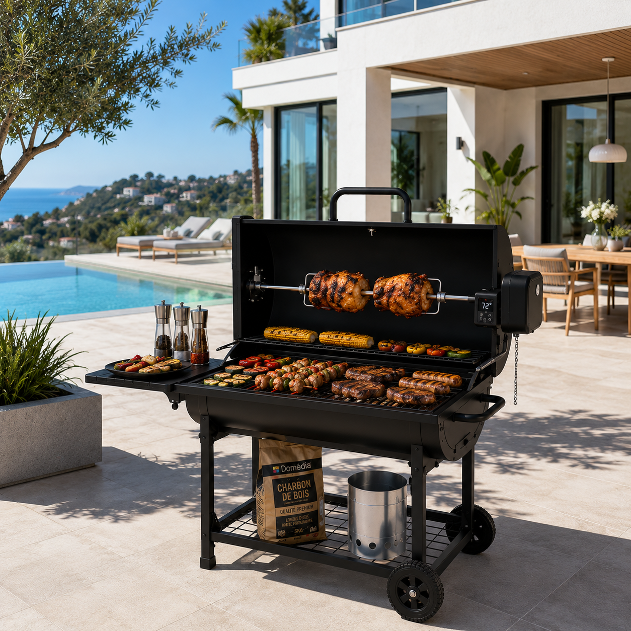 Pack Barbacoa de Carbón con Asador Motorizado 360° — Parrilla Grande con Motor de Alto Torque, Acero Inoxidable 304 y Accesorios Completos para Exterior