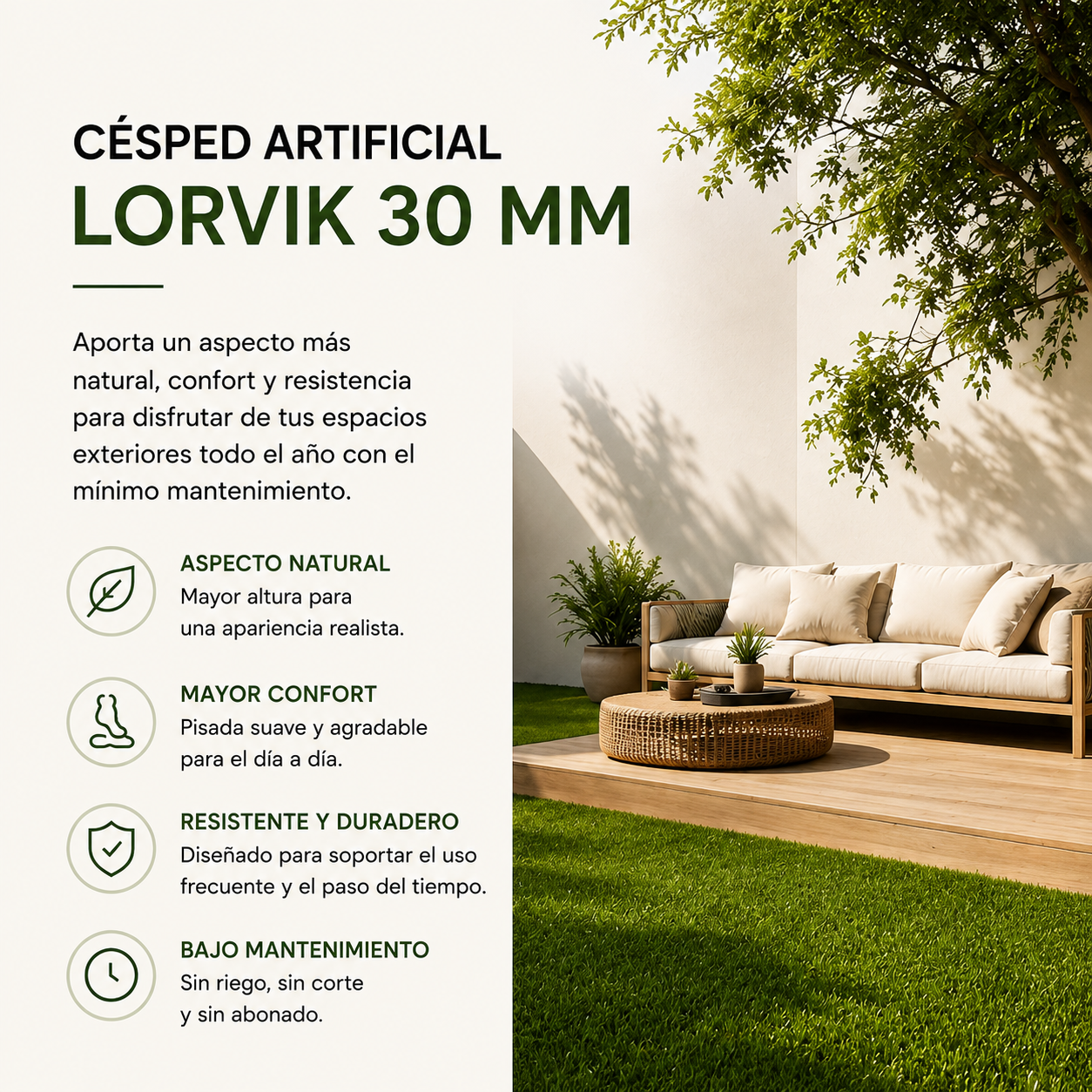 Lorvik Rollo Césped Artificial 30 mm — 2×5 m (10 m²) para Jardín y Zona de Descanso