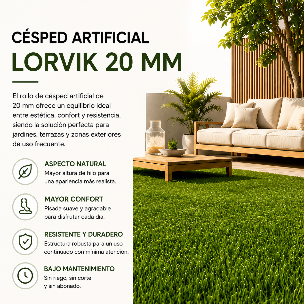 Lorvik Rollo Césped Artificial 20 mm — 1×5 m (5 m²) para Jardín y Terraza Exterior