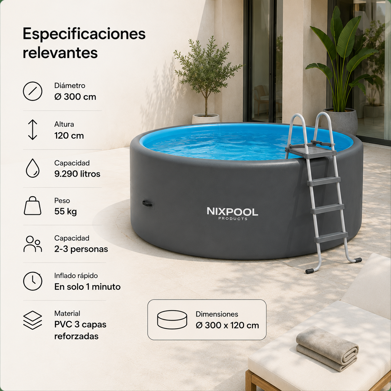 Piscina Hinchable Rígida Gris Antracita Bomba Eléctrica y Accesorios Incluidos