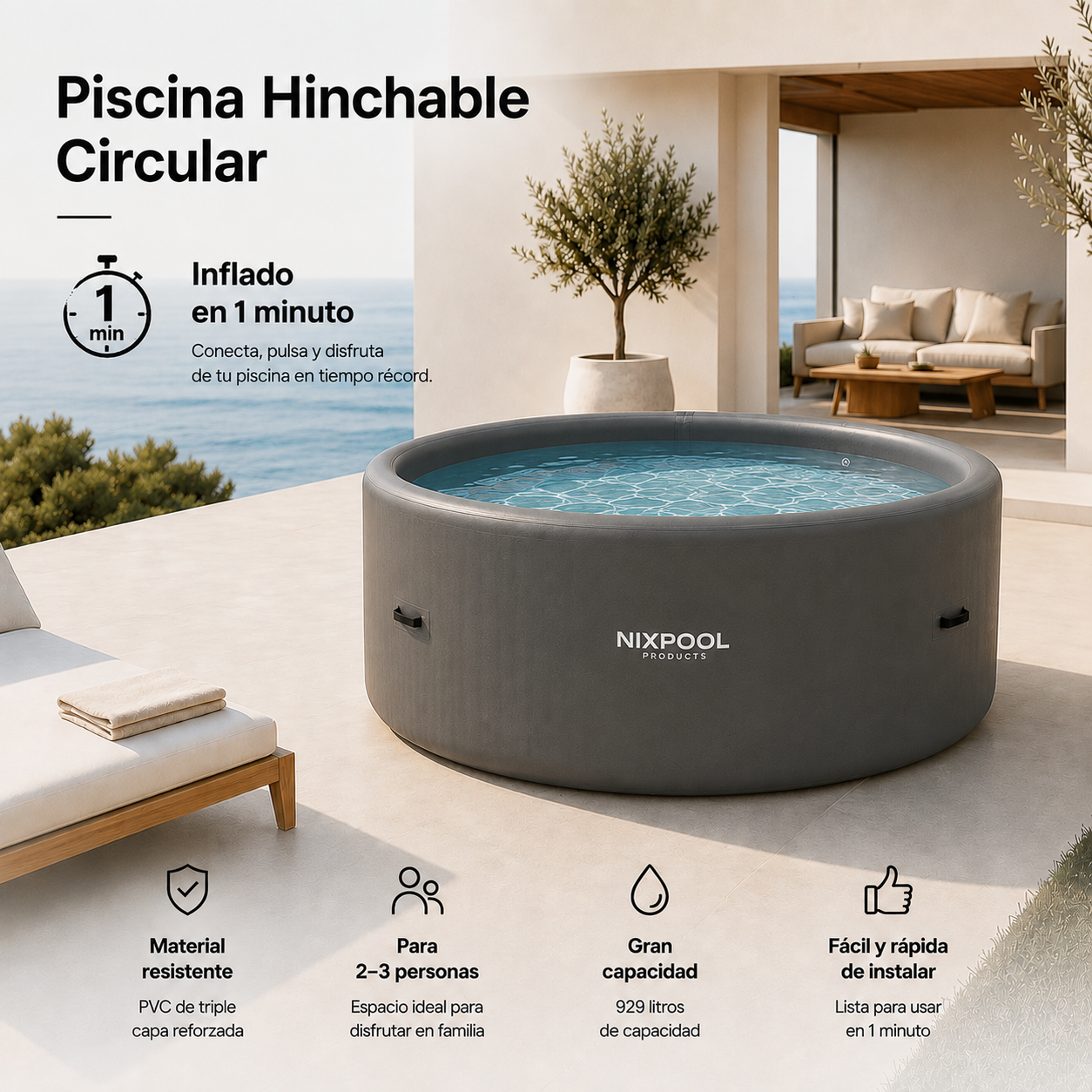 Piscina Hinchable Rígida Gris Antracita Bomba Eléctrica y Accesorios Incluidos