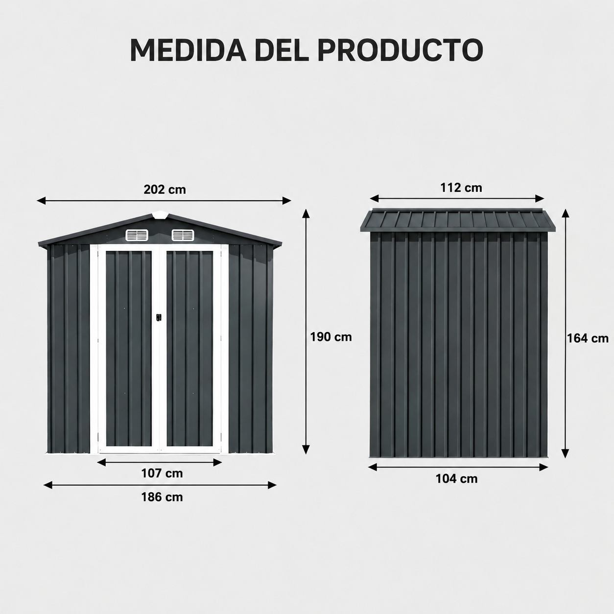 Casetta metallica esterna con porta doppia a battente, griglie di ventilazione e tetto inclinato