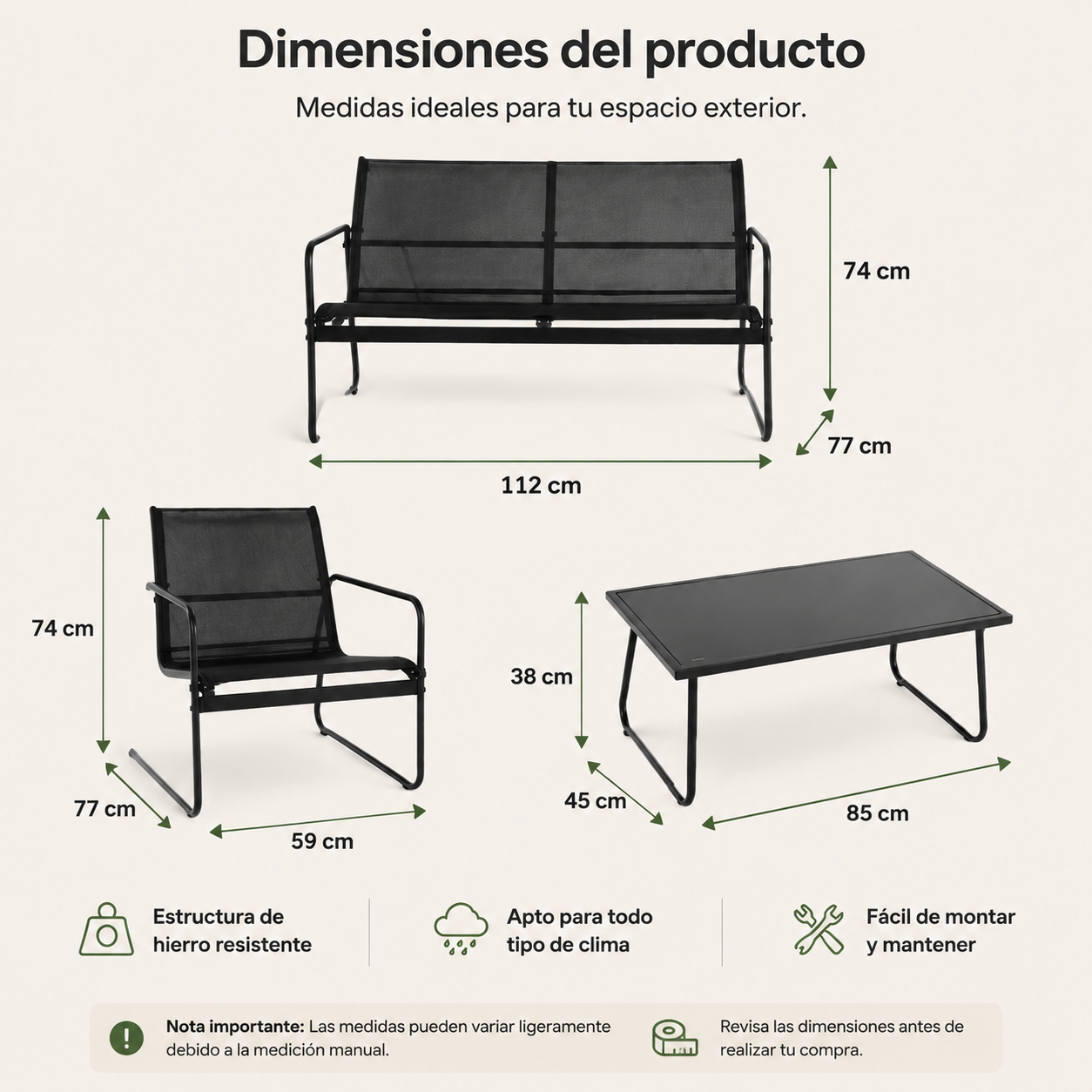 Garten-Set aus Stahl und Textilene mit 2-Sitzer-Sofa, 2 Sesseln und schwarzem Glastisch für Außenbereich