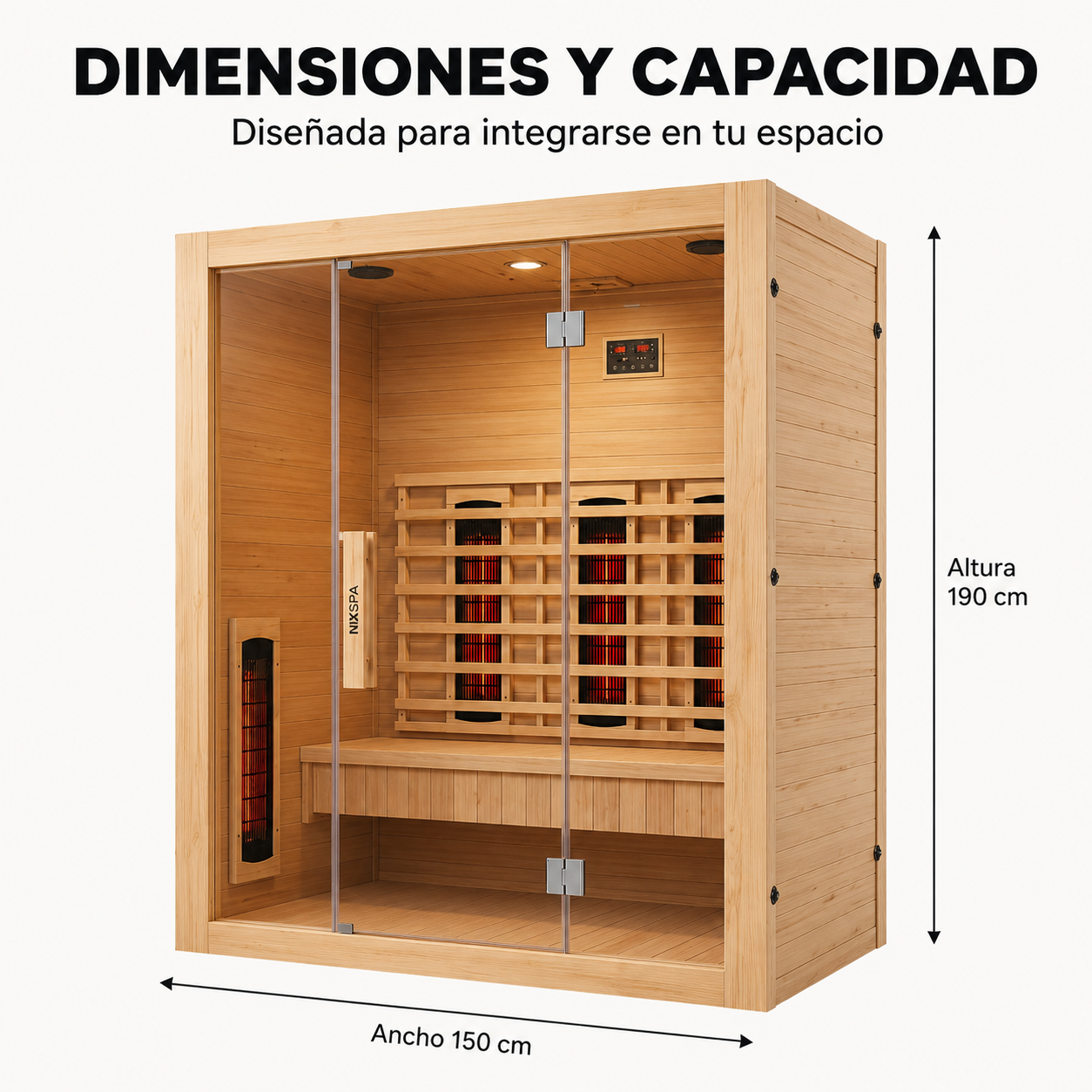 Sauna de infrarrojos para casa 3 personas con 6 paneles, Bluetooth y puerta panorámica