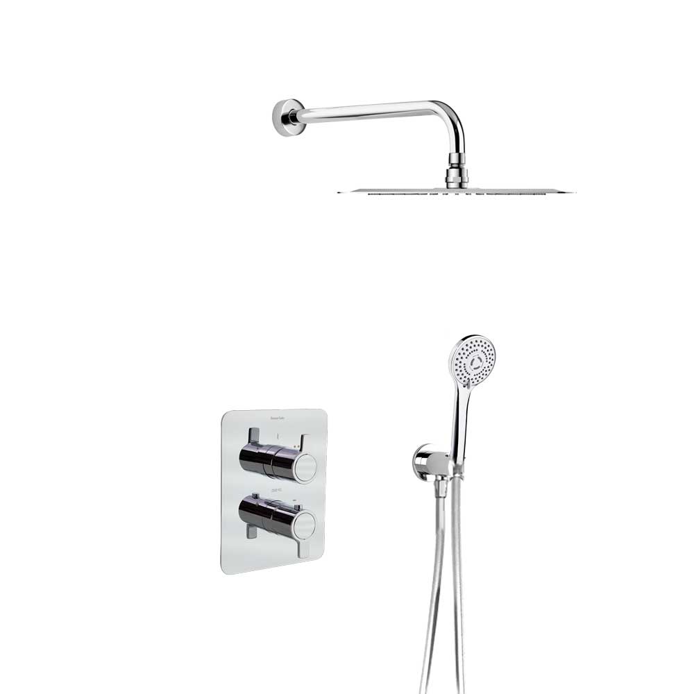 Ramon Soler - Blautherm, Metallic Embolt Thermostat Set 2 Wege mit Träger, Wasseraufnahme, TaMeducha und rund Metallic Sprayer Ø250mm, Chrom 948712RM250