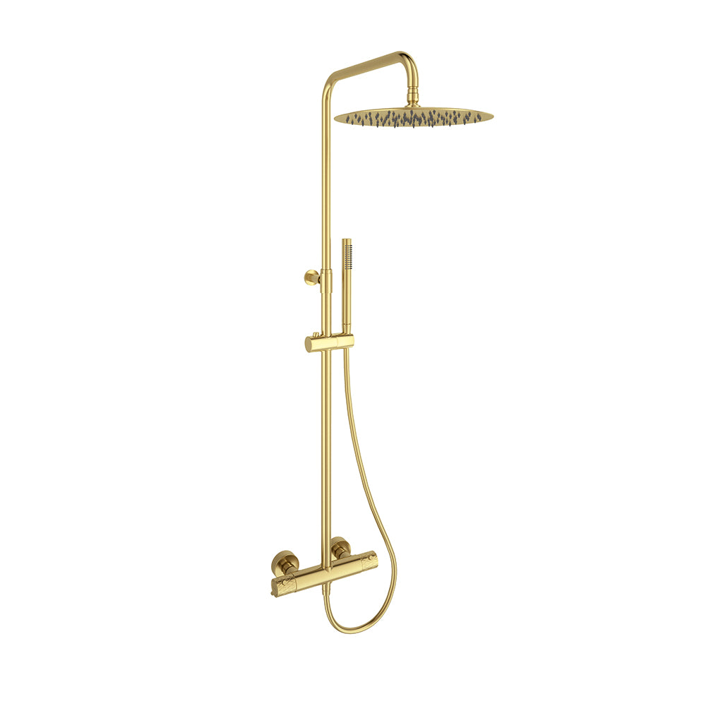 Ramon Soler - Jewel odyssey, thermostatic telescopic column with hand shower and 300 mm metallic sprinkler, brushed gold