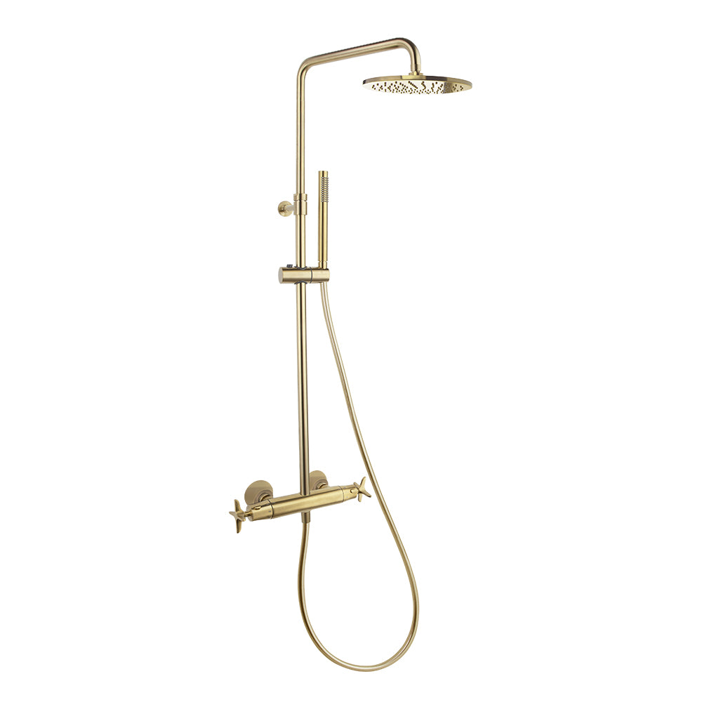 Ramon Soler - Adagio, thermostatic telescopic column with hand shower and 300 mm metallic sprayer, brushed gold