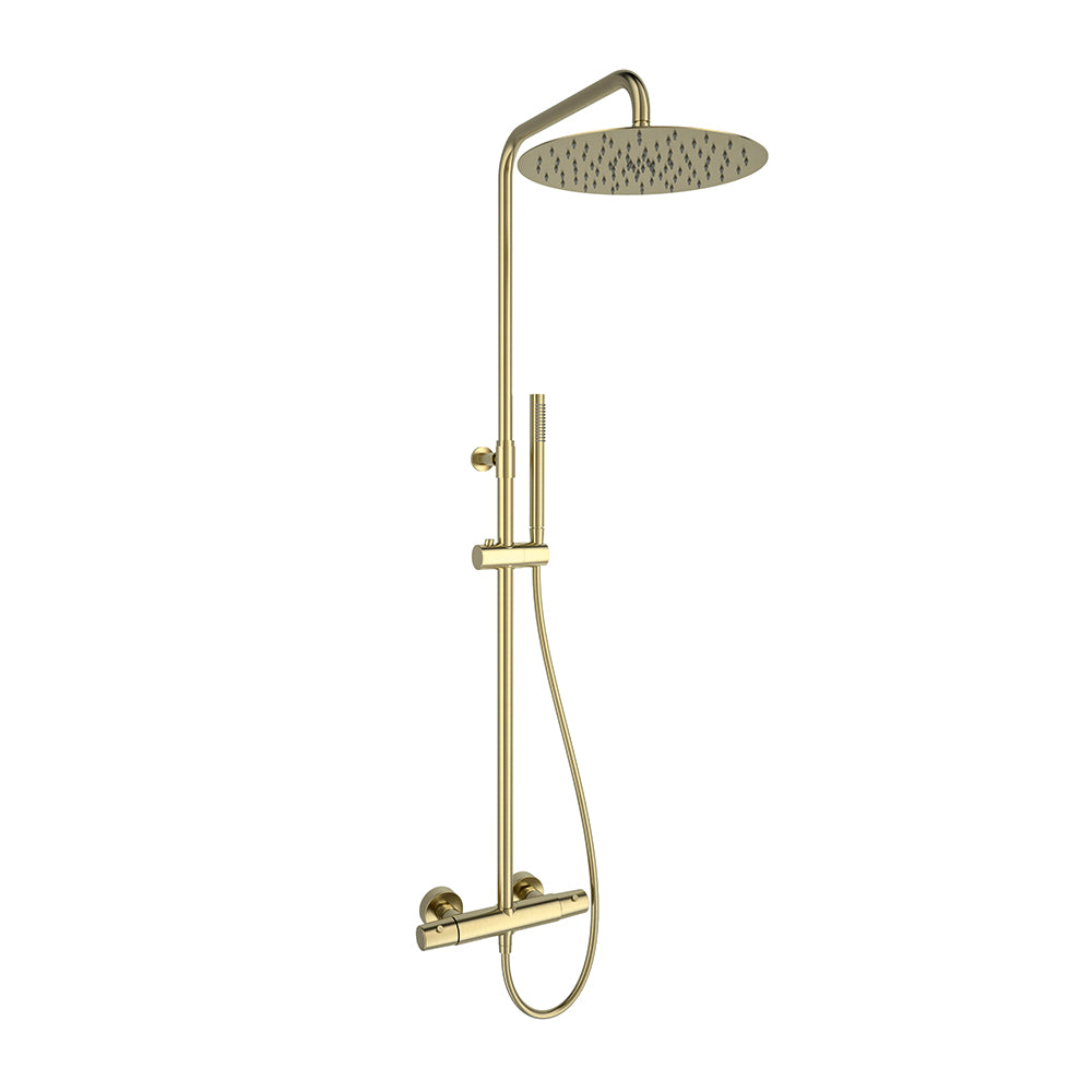 Ramon Soler - Tzar, thermostatic telescopic column with metal sprayer of Ø300 mm, brushed gold