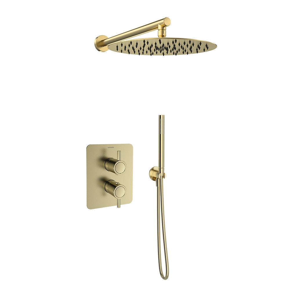 Ramon Soler - Odyssey, thermostatic set of built shower 2 routes with metal sprayer 300mm, brushed gold