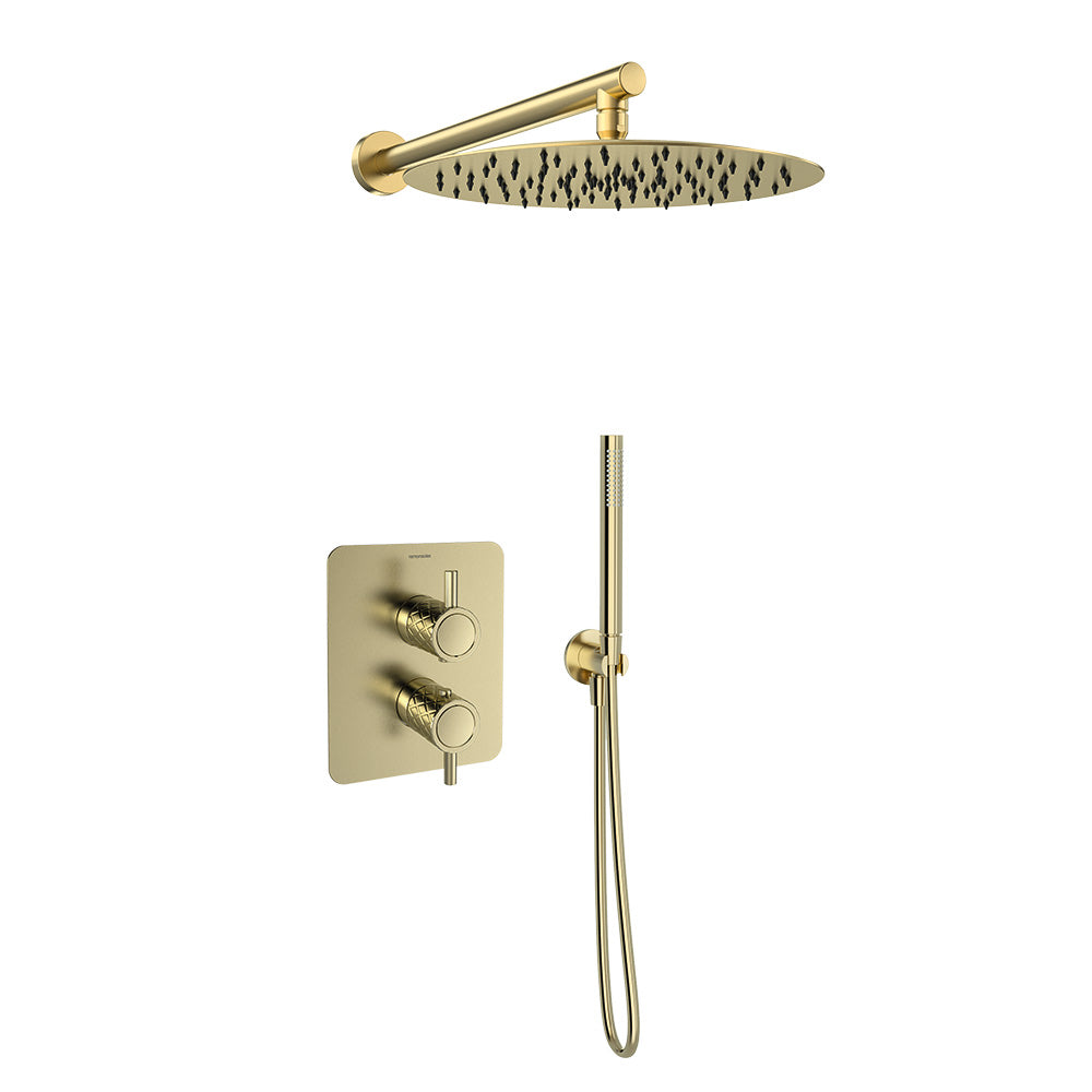 Ramon Soler - Odyssey Jewel, eingebrauchtes thermostatisches Set 2 Routen mit Handdusche und metallischem Sprühgerät von Ø300 mm, gebürstetem Gold