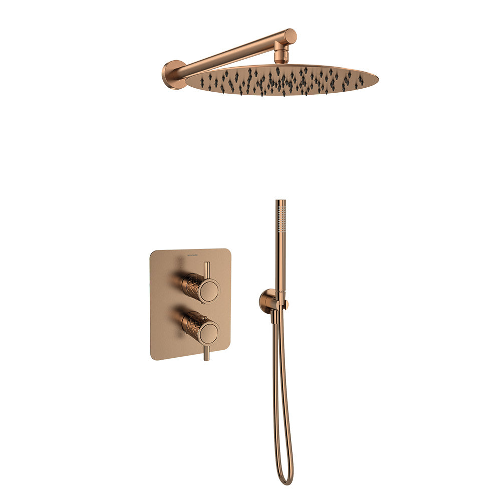 Ramon Soler - Odyssey jewel, recessed thermostatic set 2 routes with hand shower and metallic sprayer of Ø300 mm, brushing copper