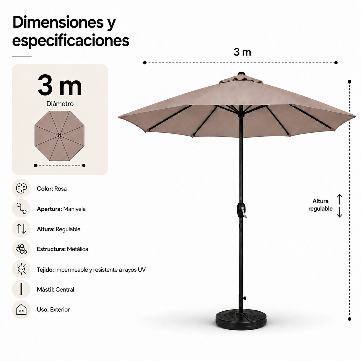 Pack parasol droit 3 m kaki + base ronde à remplir