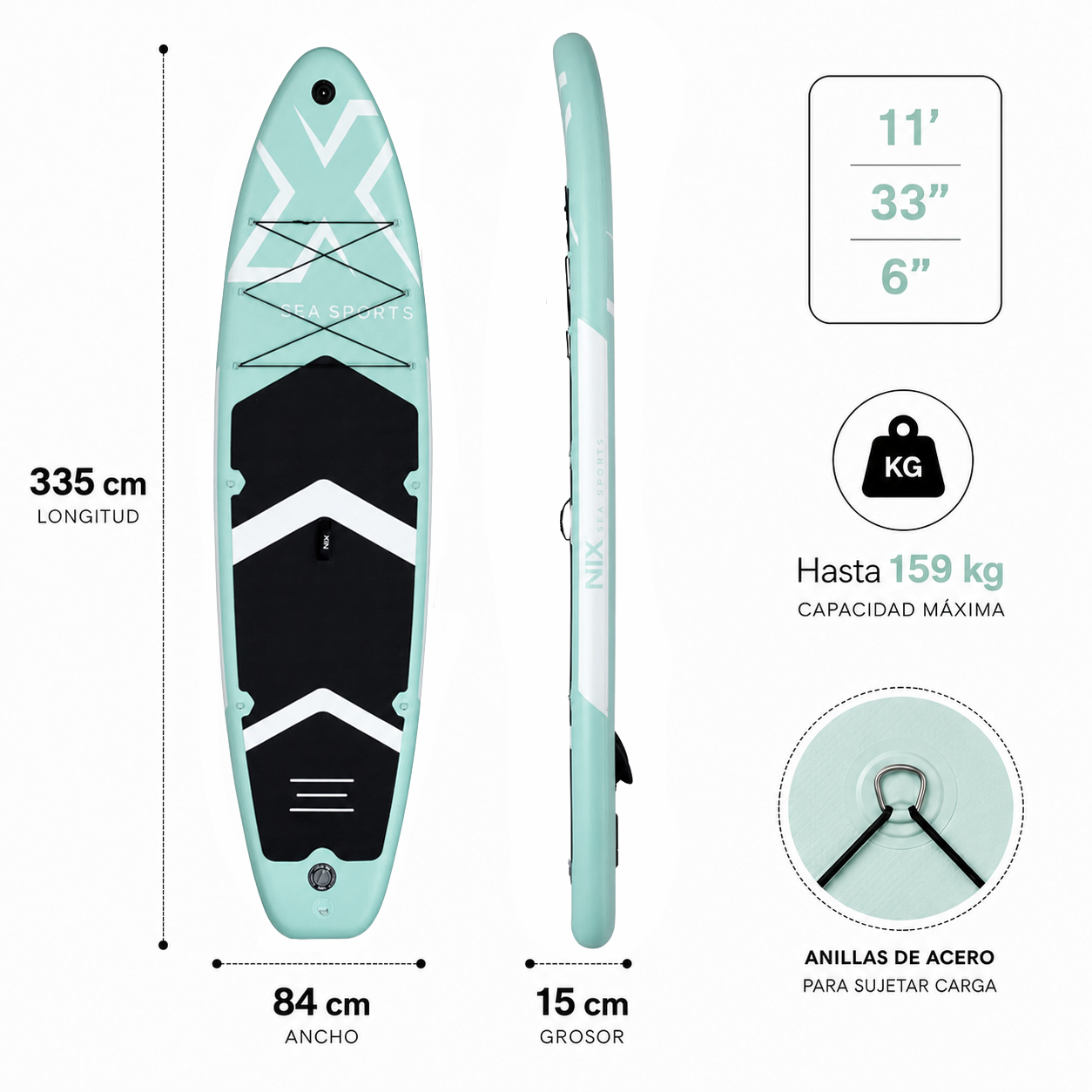 Tavola Paddle Surf Gonfiabile 11" 335x84x15 cm 159 kg turchese Pacchetto Premium