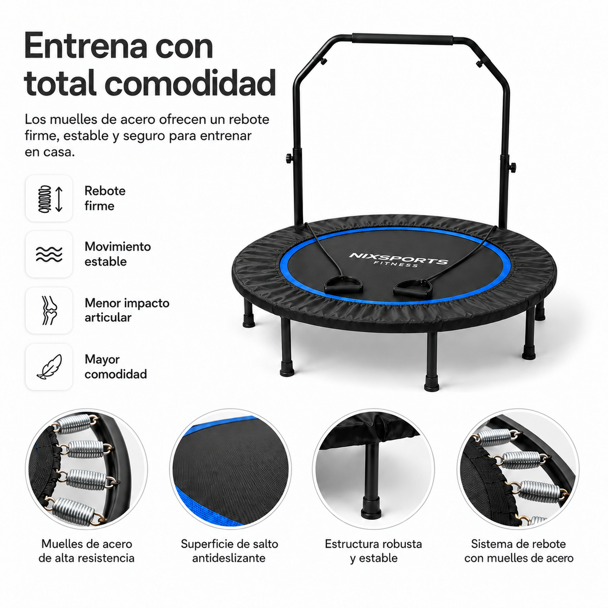 Trampolín fitness con muelles de acero y barra ajustable