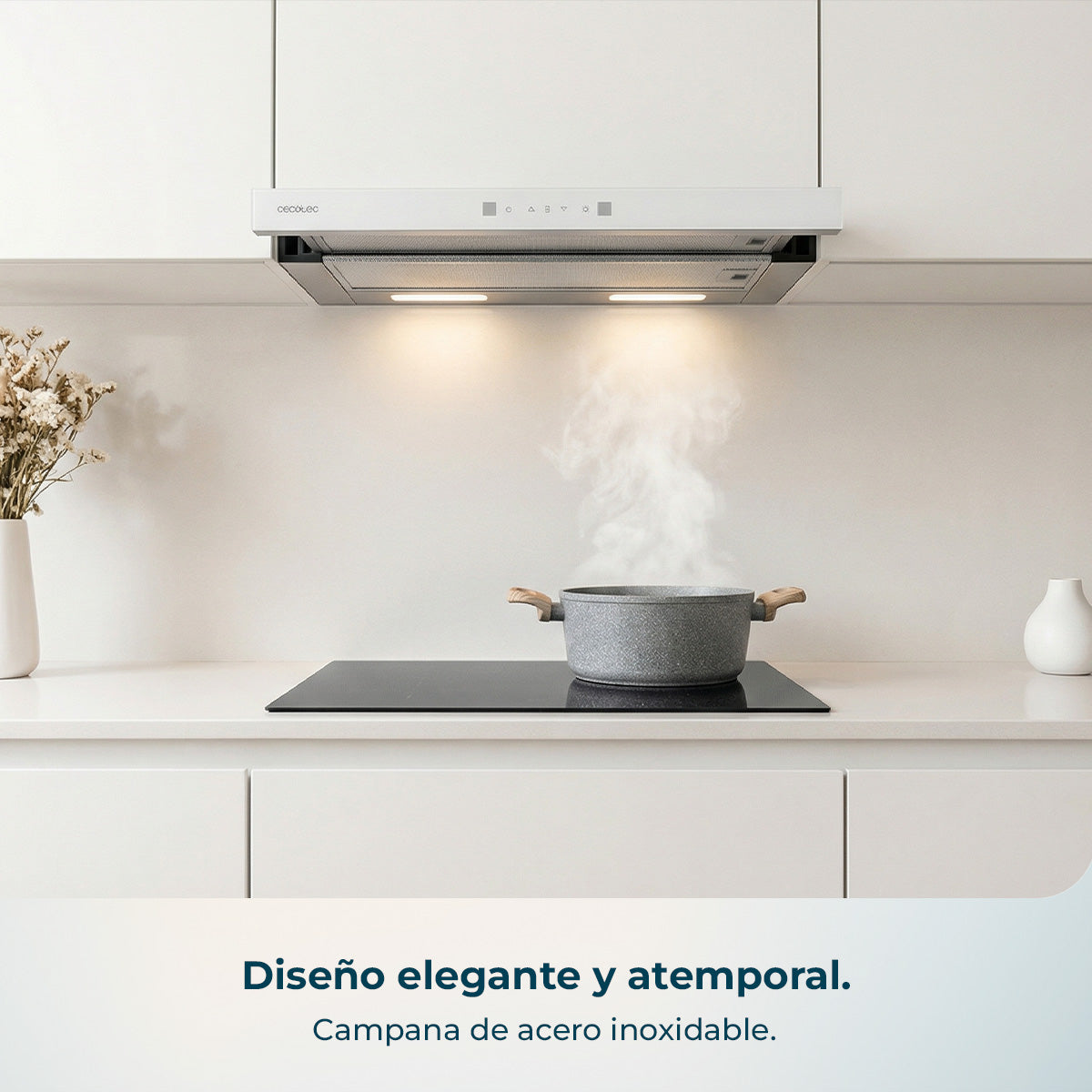 Campana Extractora Cecotec Bolero Flux TLT 60 cm Frontal Cristal Blanco Y Cuerpo Inoxidable 606 m3h