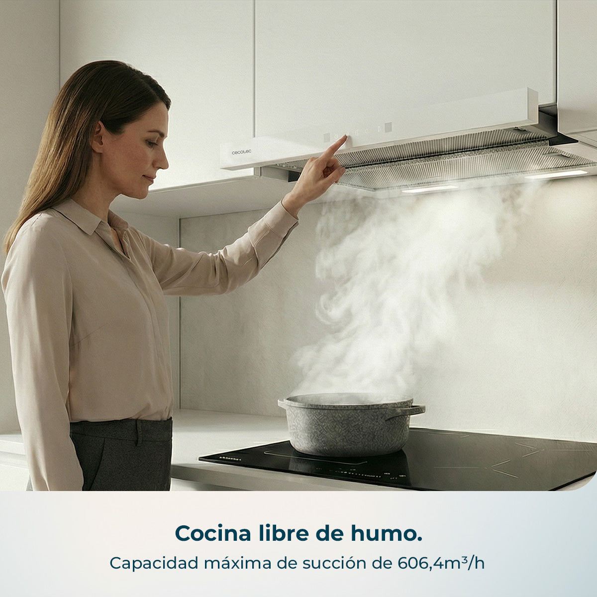 Campana Extractora Cecotec Bolero Flux TLT 60 cm Frontal Cristal Blanco Y Cuerpo Inoxidable 606 m3h