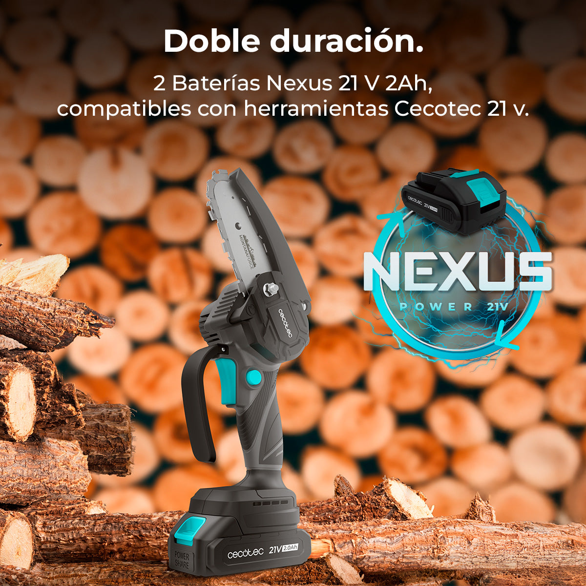 Cecotec Scie d'Élagage MontanaForce 4000 à Main, 400 W, Lame de 4 Pouces, Inclut 2 Batteries Nex21V 2Ah