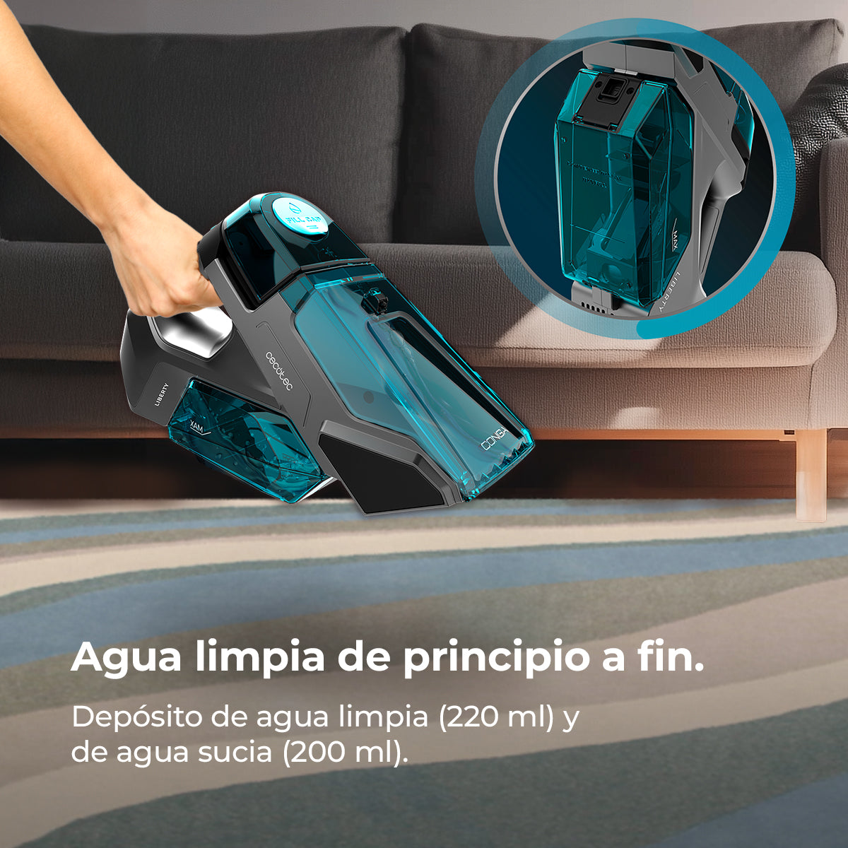 Cecotec Conga MotorHand 3 em 1 Aspirador de Mão para Estofos e Tapetes Pulveriza e Aspira 25 Minutos Azul