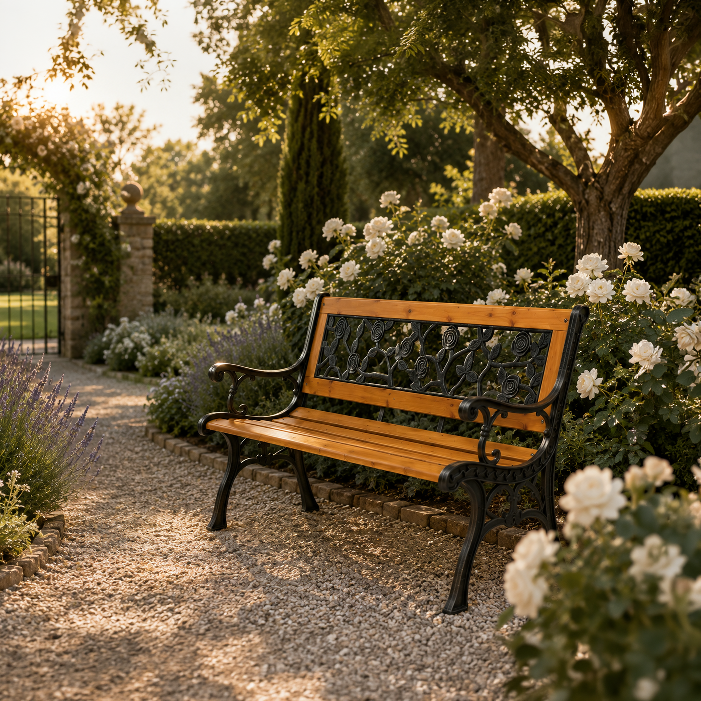 Banco de Jardín de Madera y Metal con Respaldo Floral Decorativo