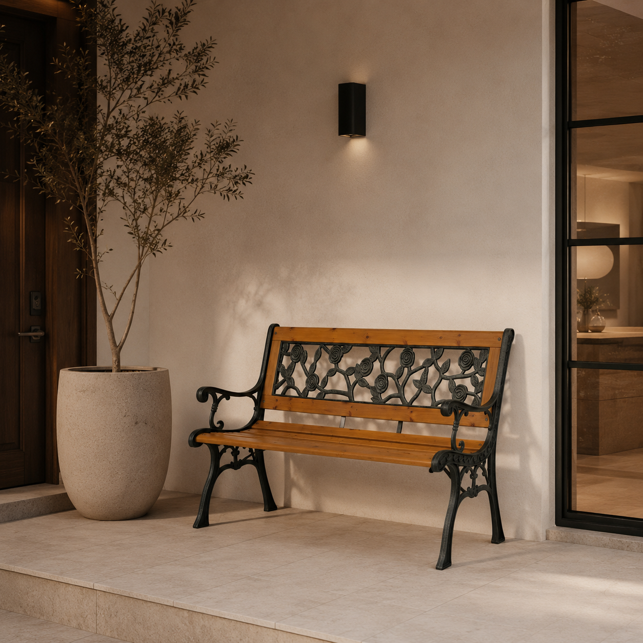 Banco de Jardín de Madera y Metal con Respaldo Floral Decorativo