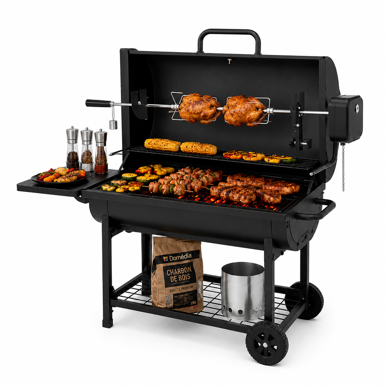 Set Holzkohlegrill mit motorisiertem 360° Drehspieß