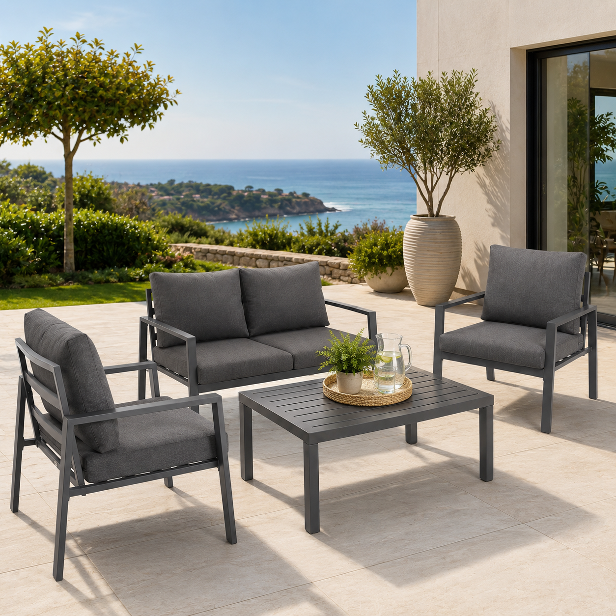 Ensemble de jardin anthracite avec canapé, 2 fauteuils et table basse pour extérieur et terrasse