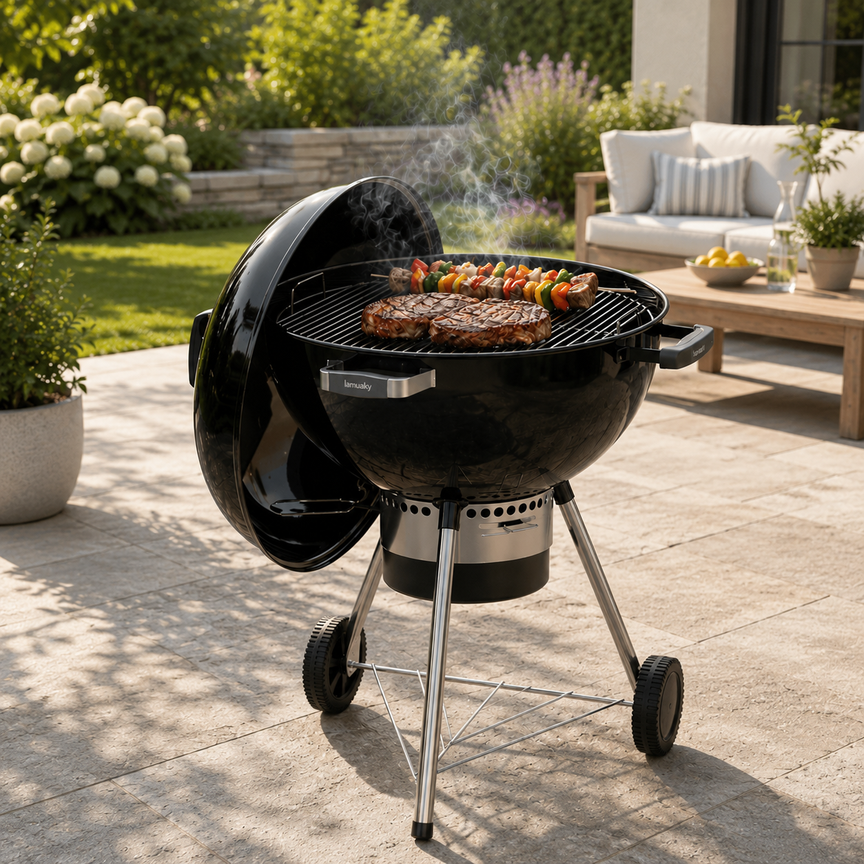 Barbecue Portatile a Carbone Rotondo con Coperchio