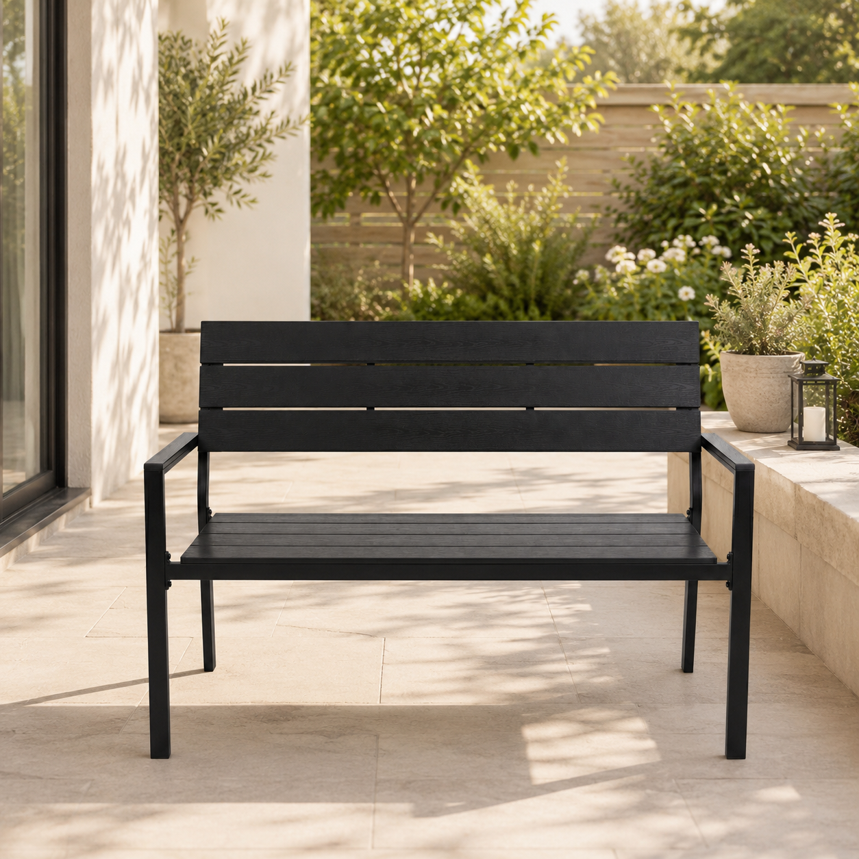 Panca da giardino esterna per 2 persone con schienale ergonomico e struttura metallica resistente per terrazza, patio e balcone