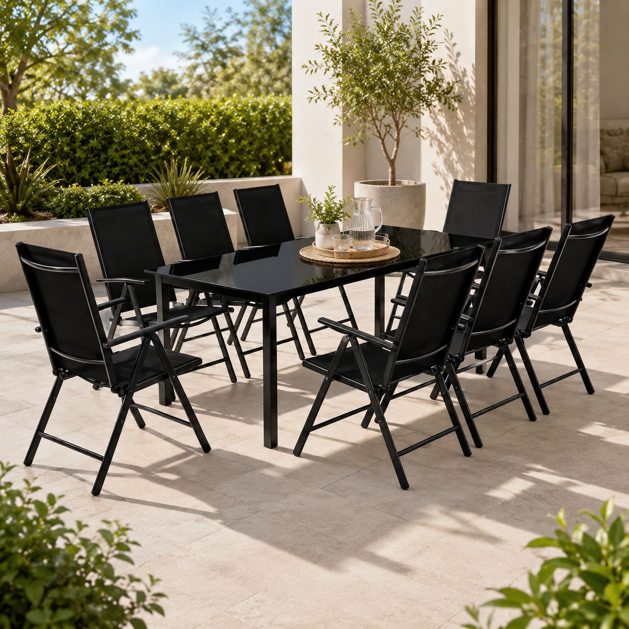 9-teiliges Gartenset aus Aluminium mit verstellbaren Stühlen und Glastisch