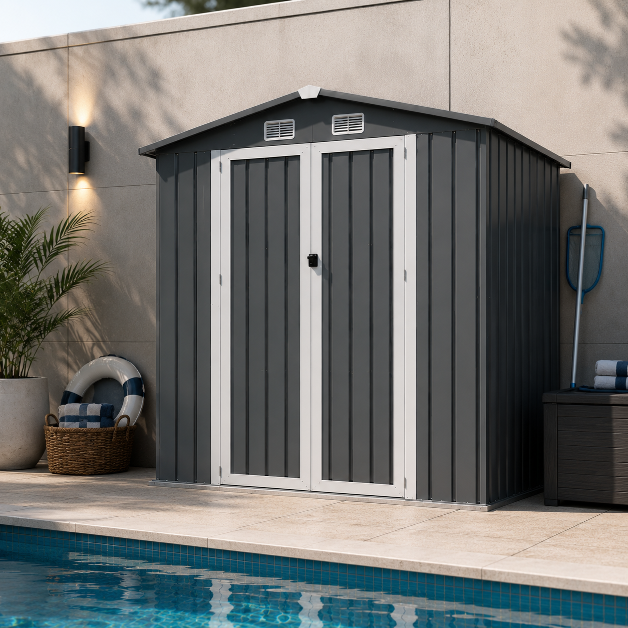 Metall-Gartenhaus mit doppelflügeliger Tür, Lüftungsgittern und schrägem Dach, 268 cm