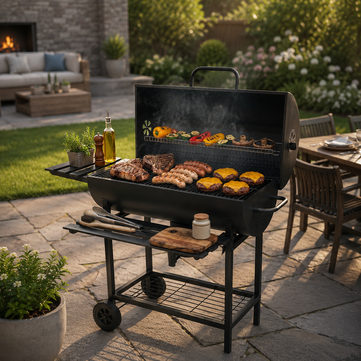 Holzkohlegrill mit Deckel und verstellbarer Belüftung für Garten mit Rädern